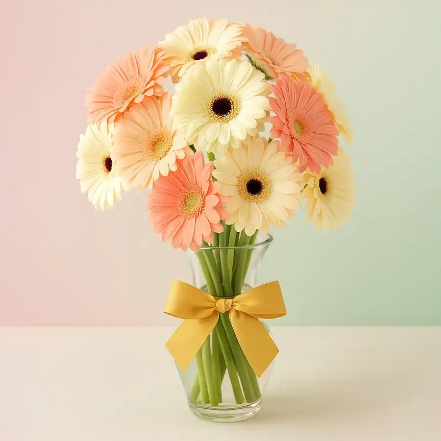 A glass vase holding 12 white and reddish-pink Gerberas, adding charm to any space.