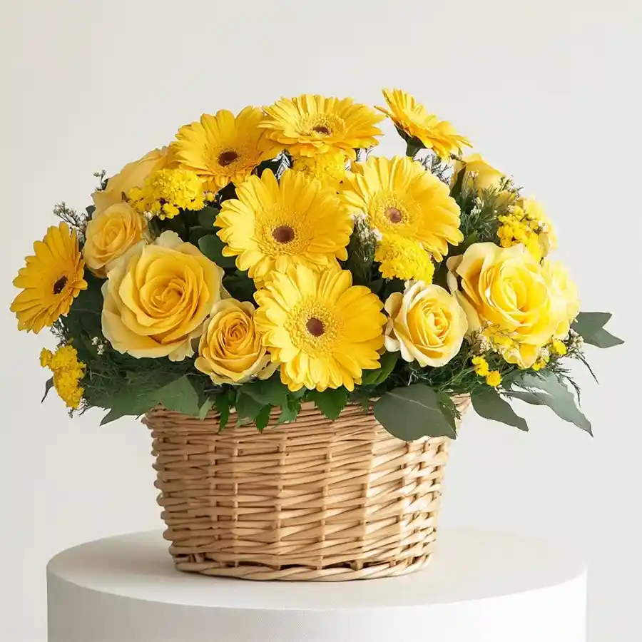 Birthday arrangement featuring 5 yellow gerberas and 15 yellow roses for a special celebration.