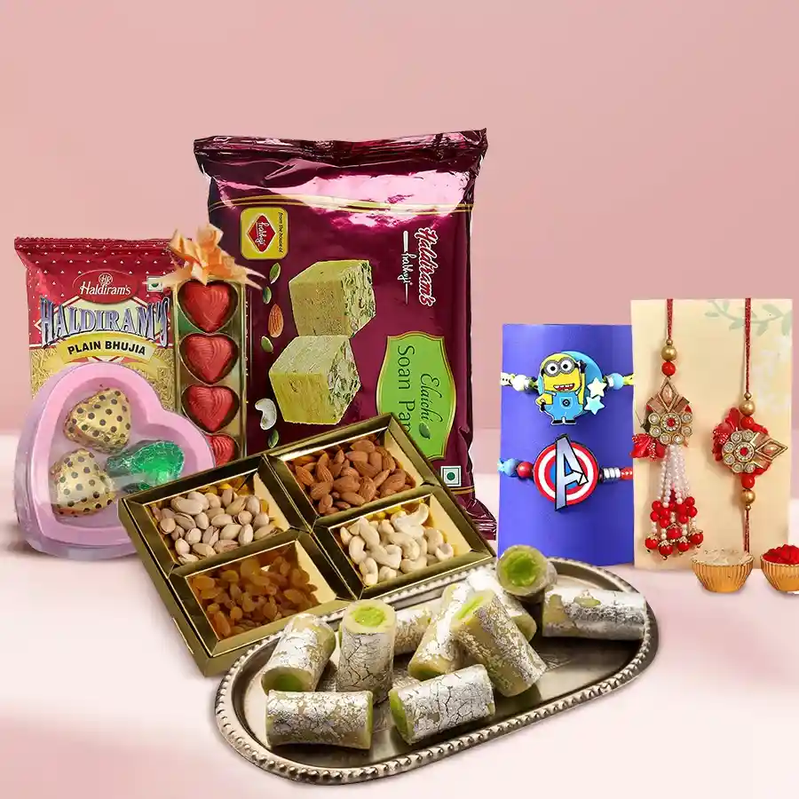 Fun to Much Ensemble from Haldiram featuring sweets, dry fruits, homemade chocolates, Family Rakhi Set, and traditional Roli Tilak Chawal arranged in an attractive display.