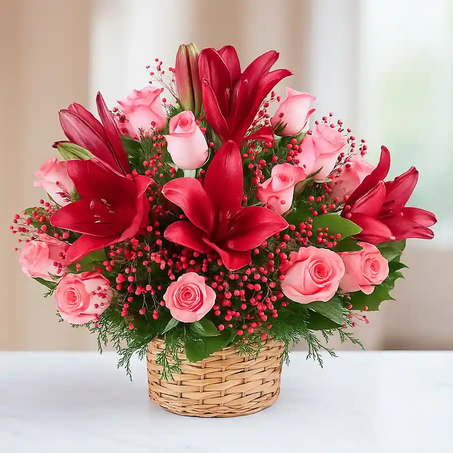 Beautiful arrangement of 6 red lilies and 25 pink roses, symbolizing love and affection.