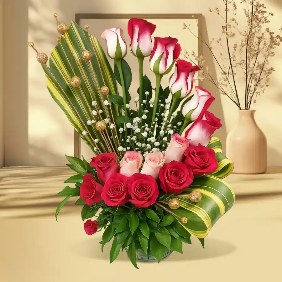 Beautiful arrangement of 20 silky-smooth pink and red roses for anniversaries.