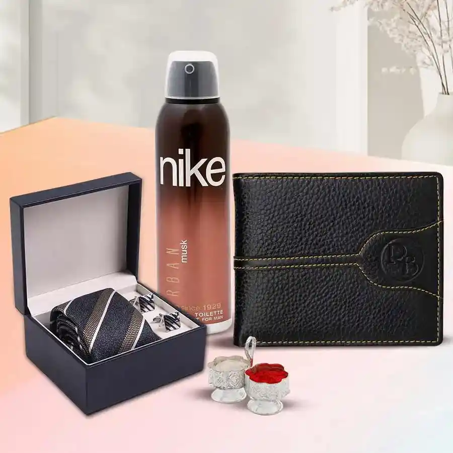 Superb combo of gents accessories including Nike deodorant, leather wallet, tie with cufflinks, and Roli Tilak with Chawal.