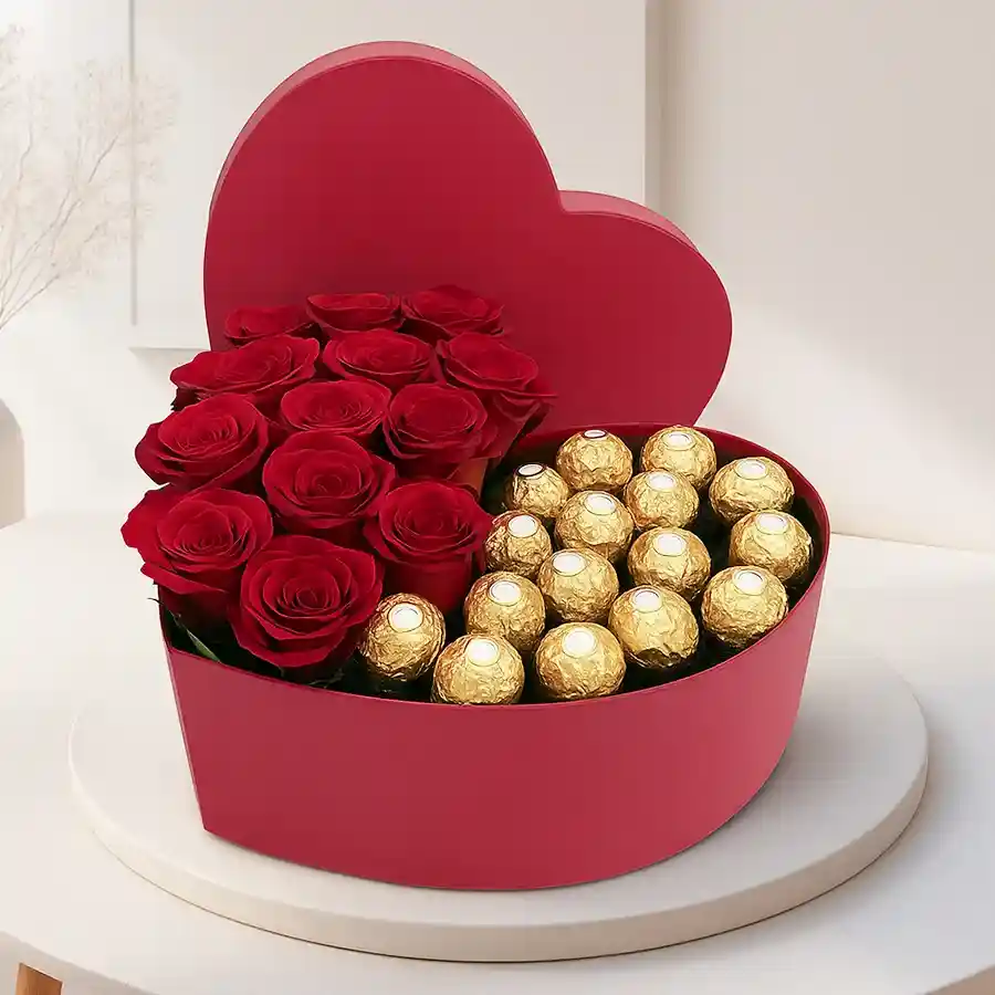 Heartfelt Sweet 16 Gift Box featuring 16 roses and Ferrero Rocher chocolates.