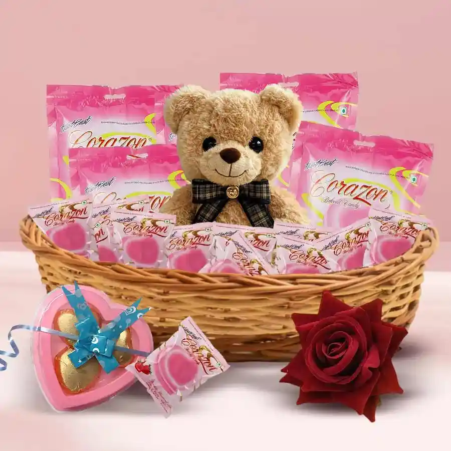 Spectacular combo of a 6-inch teddy bear, a velvet rose, homemade heart-shaped chocolates, and a basket of Strawberry Flavoured Corazon Chocolates.