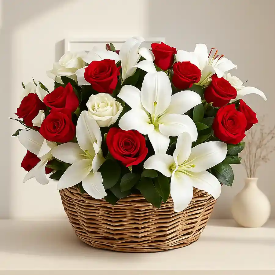 Heartfelt floral arrangement with white tube roses, red roses, and white lilies, perfect for expressing love and appreciation.