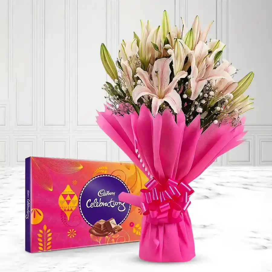 Amusing bouquet of 5 lilies and 8 gladiolus with Cadbury Celebration Pack.