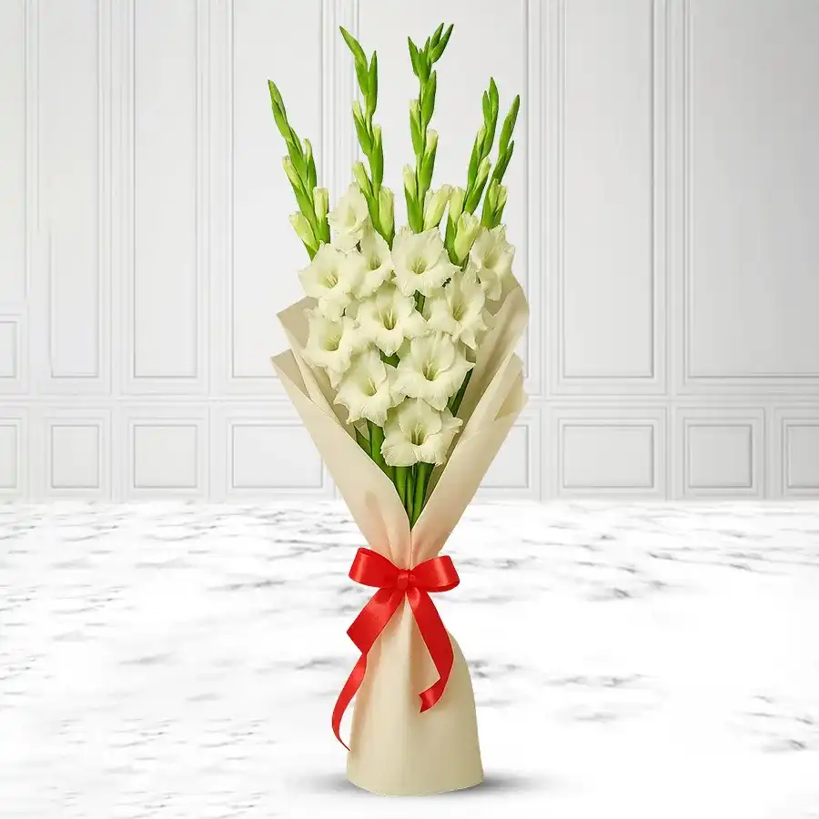 Beautiful bouquet of 10 white gladiolus flowers, perfect for gifting.