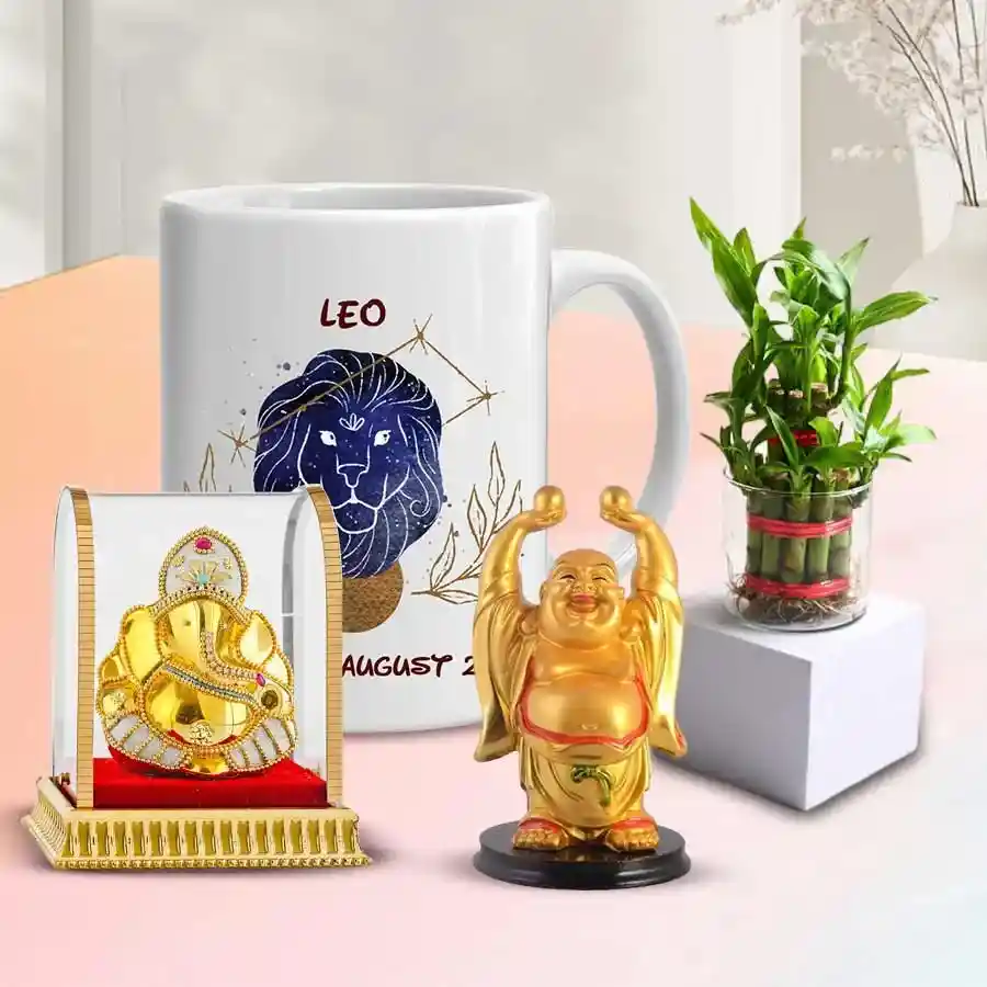 Exquisite Good Luck Combo gift hamper featuring a two-tier lucky bamboo tree, a good luck Ganesha idol, a laughing Buddha, and a sunshine mug.