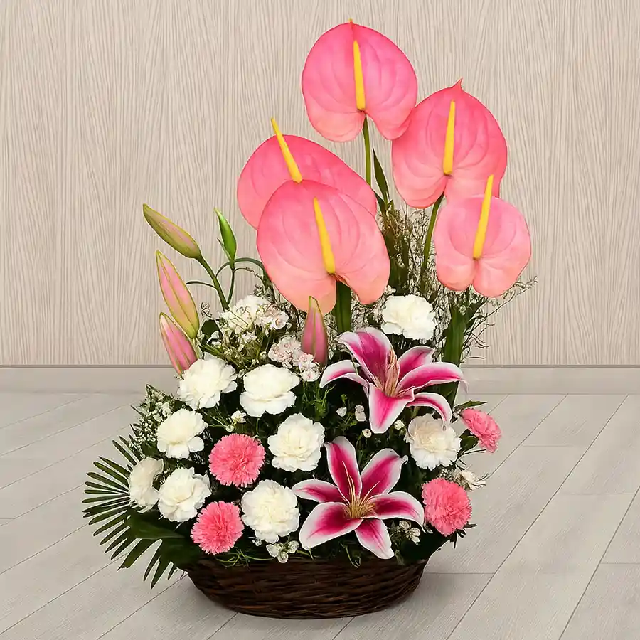 An exquisite arrangement of pink and white flowers featuring lilies, anthurium, and carnations, radiating elegance and joy.