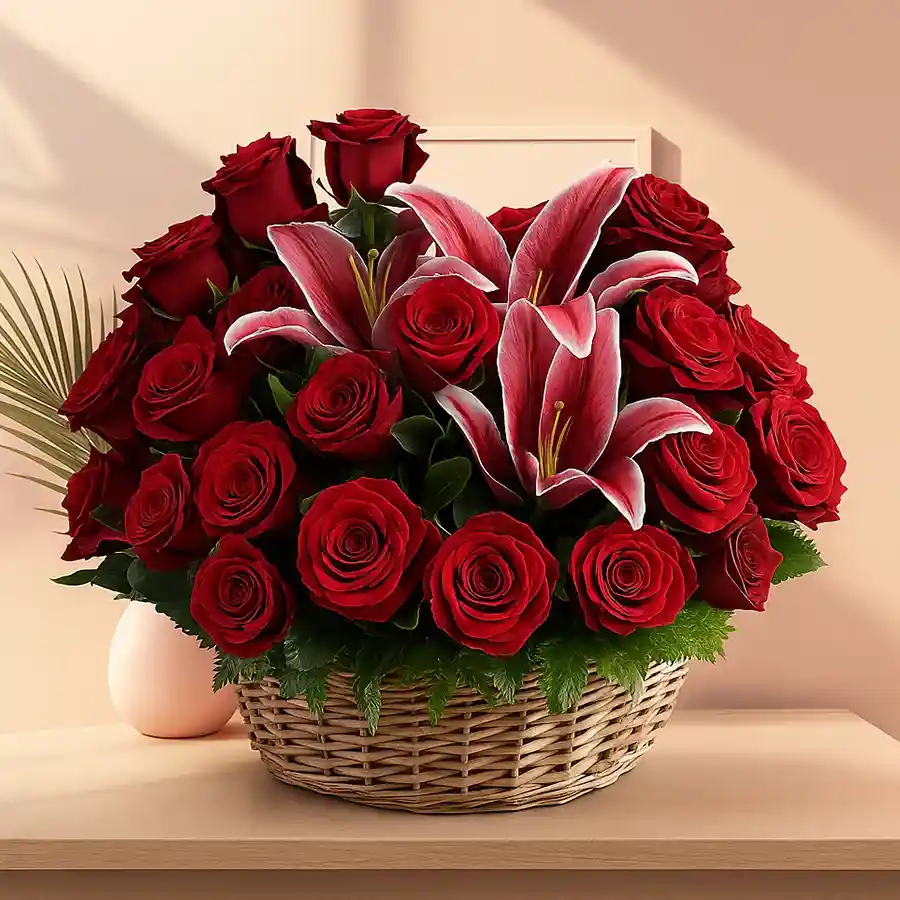 Stunning Red Floral Elegance arrangement featuring 20 red flowers, including Anthodium and Roses, ideal for expressing love.