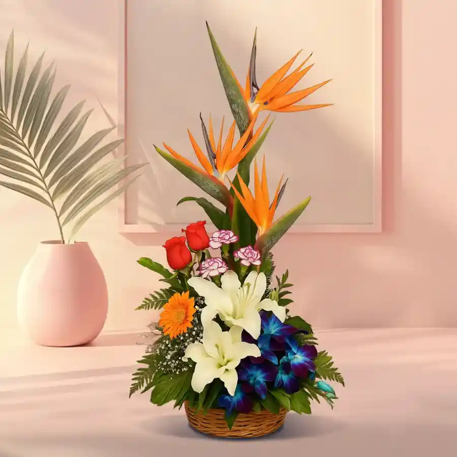A vibrant flower basket featuring 19 assorted blooms including Bird of Paradise, Orange Roses, White Carnations, Blue Orchids, and more.