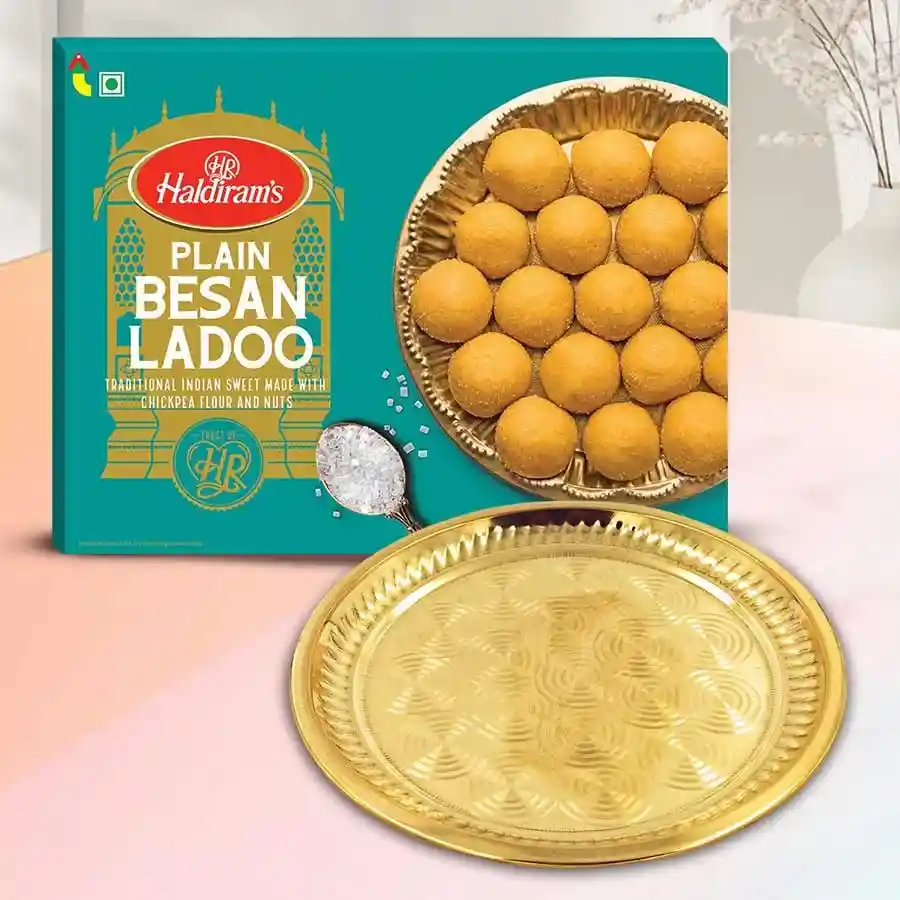 Rejoicing Flourish Ganesh Chaturthi Set with Haldiram’s Besan Laddoos and golden-plated thali