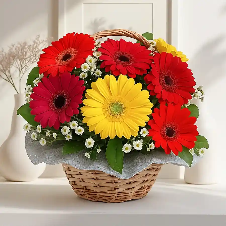 Cheerful bouquet featuring 12 assorted gerberas in vibrant colors.