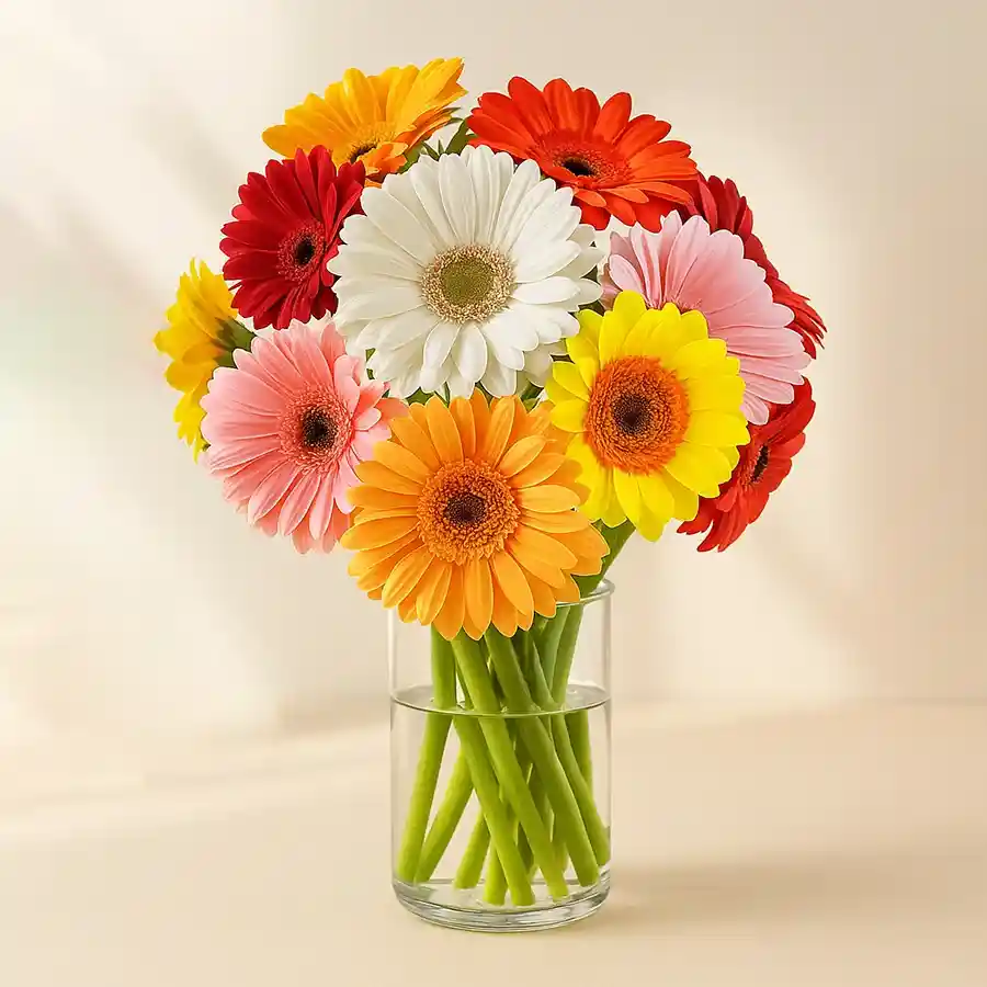 Bright arrangement of 10 colorful gerberas in a glass vase.