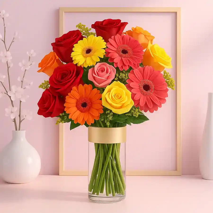 Vibrant long stem mixed flowers in a glass vase, featuring roses and gerberas.