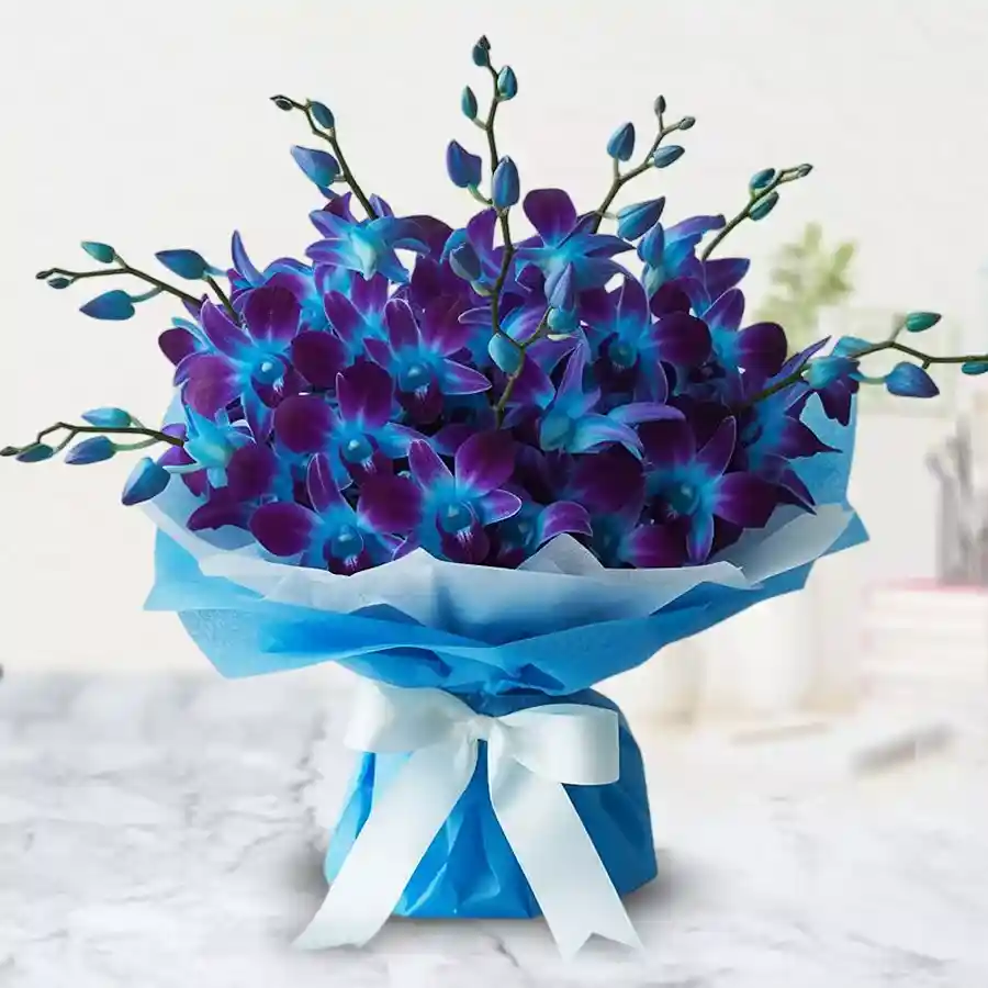 A stunning bouquet featuring 10 radiant blue orchids, perfect for heartfelt gifting.