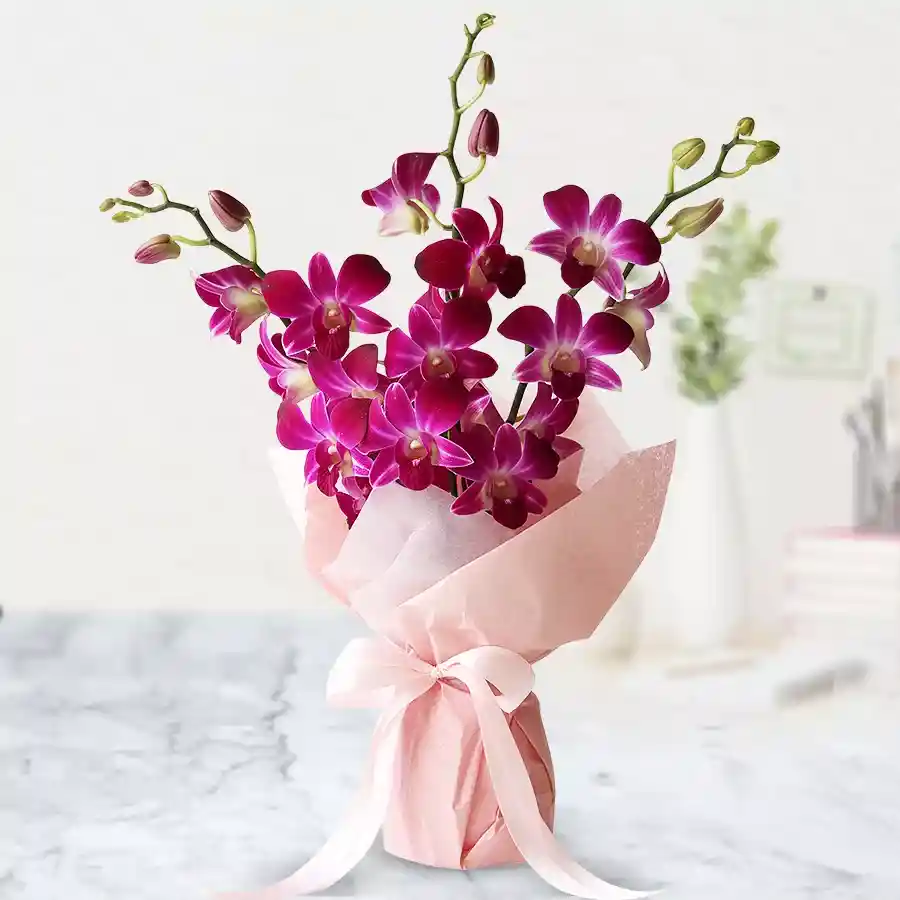 A captivating bunch of 6 purple orchids in a beautiful arrangement.