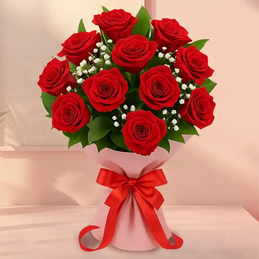 A stunning bouquet of 15 red roses, symbolizing love and passion, ready to deepen connections and express heartfelt emotions.