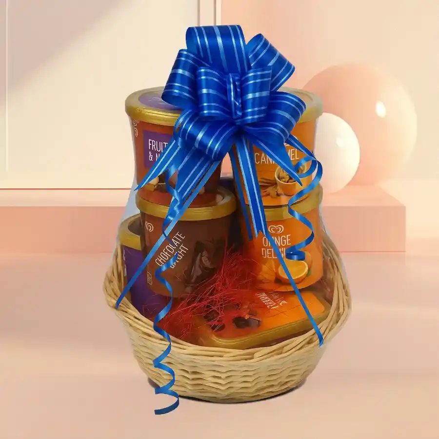 A delightful assortment of Kwality Walls ice cream tubs in a reusable gift basket, including vanilla, butterscotch, mango, fruit n nut, and chocolate flavors.