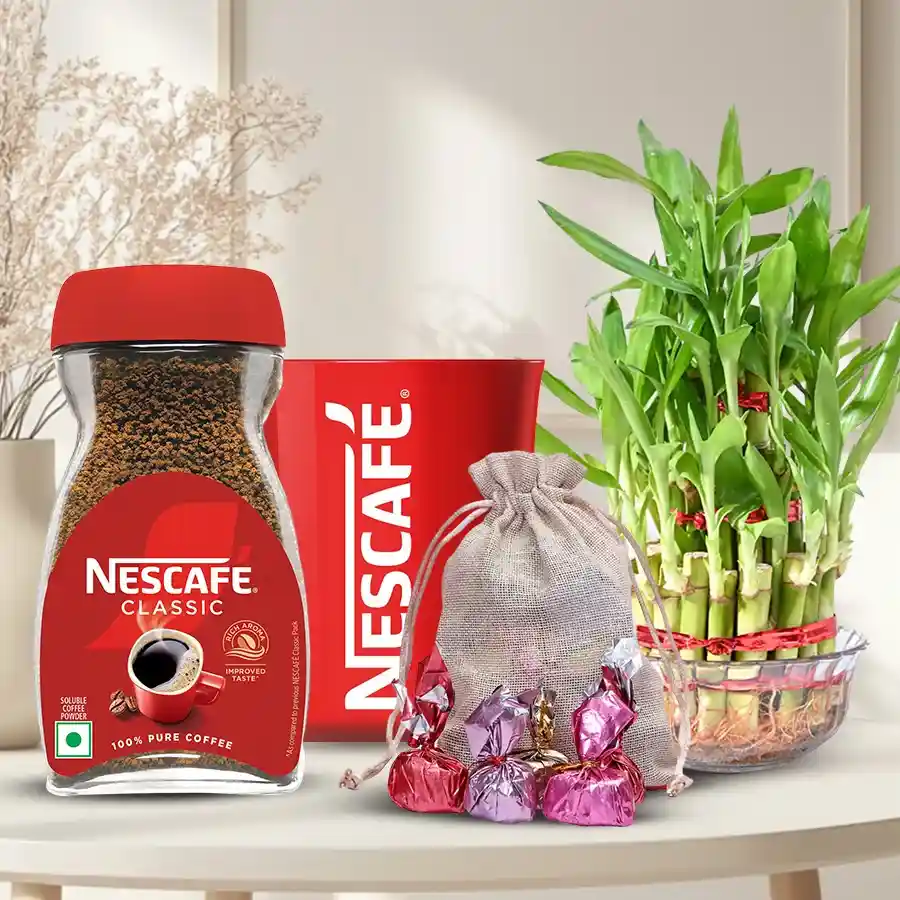 Gift hamper featuring Nescafe coffee, a stylish mug, handmade chocolates in a pouch, and a 2-tier lucky bamboo plant.