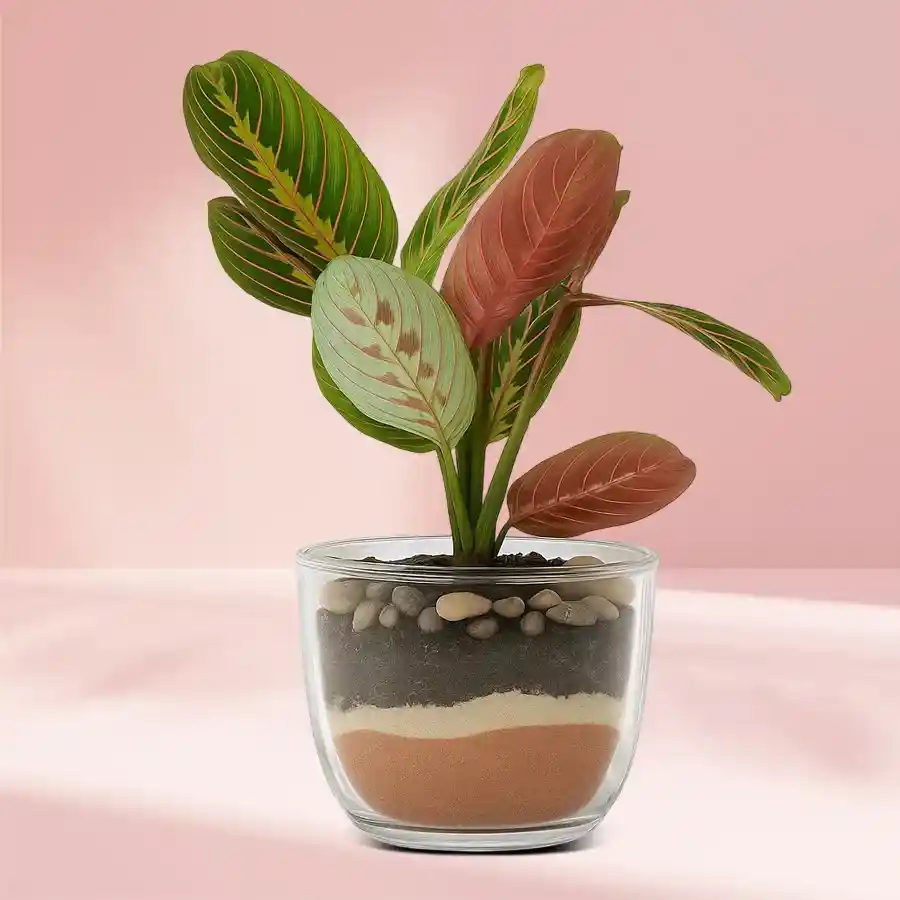 Serene Maranta Prayer Plant in a stylish glass pot, perfect for indoor gifting.