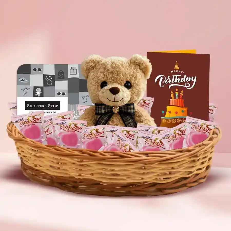Shoppers Stop Gift E-Coupon Set with teddy bear, chocolate basket, and greeting card