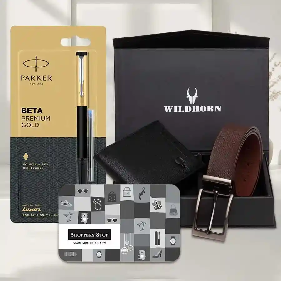 Rs.1000 Shoppers Stop Gift E-Voucher alongside Parkar Beta Pen, Wallet, and Belt Combo Box displayed elegantly