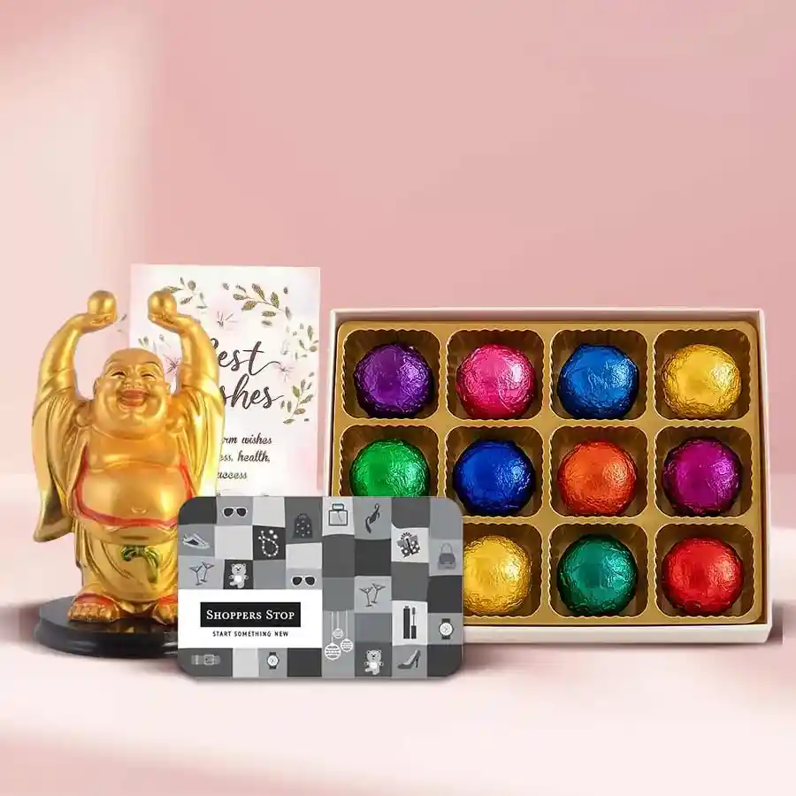 Breathtaking Shoppers Stop Gift E Coupon Gift Pack featuring a ₹500 e-coupon, Feng Shui Laughing Buddha, 12-piece assorted homemade chocolates, and a Best Wishes greeting card.