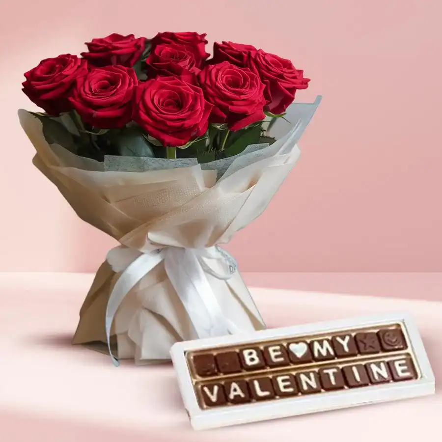 Bouquet of 10 red roses with a box of "Be My Valentine" chocolates