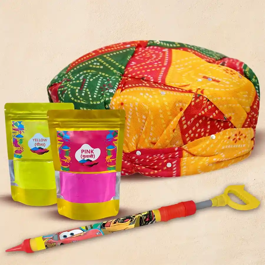 Colourful Rajasthani cap with a Pichkari and bag of Gulal, symbolizing Holi celebrations.