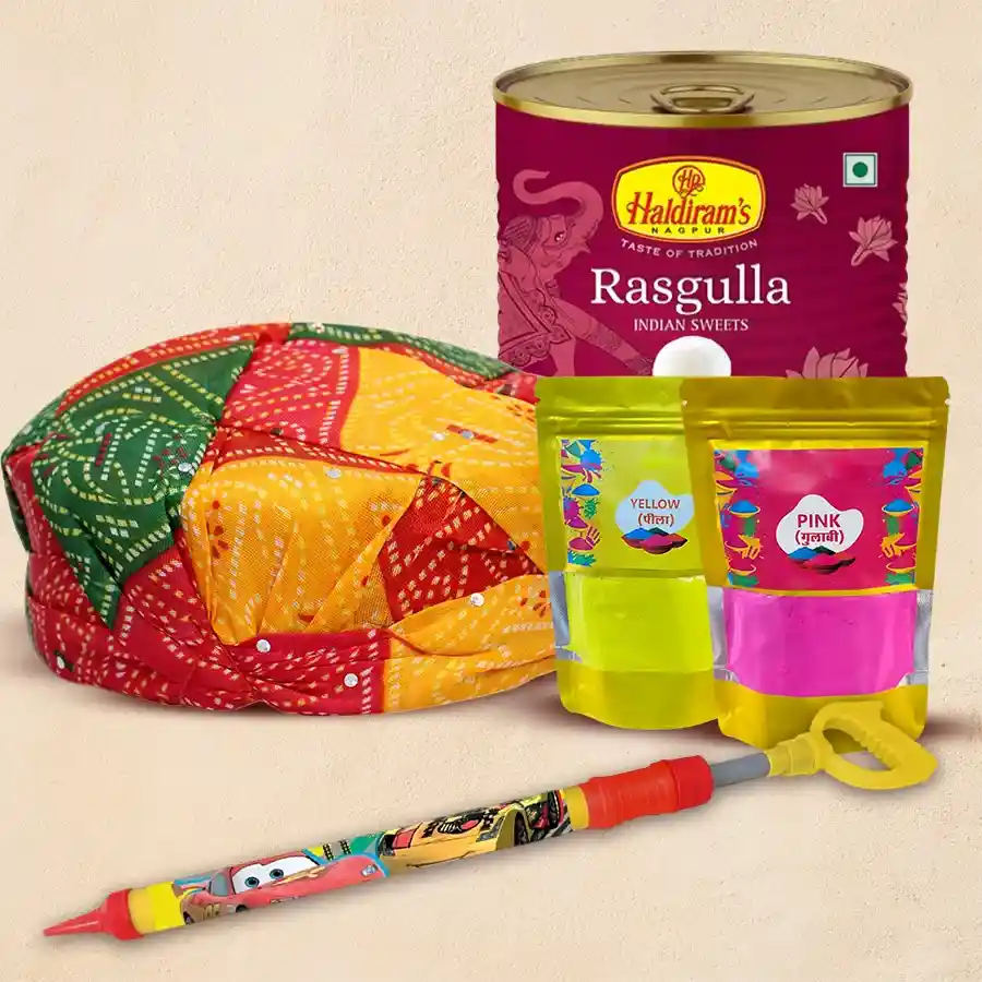 Delicious Rasgulla tin with Rajasthani cap, Pichkari, and Gulal colors for Holi celebration