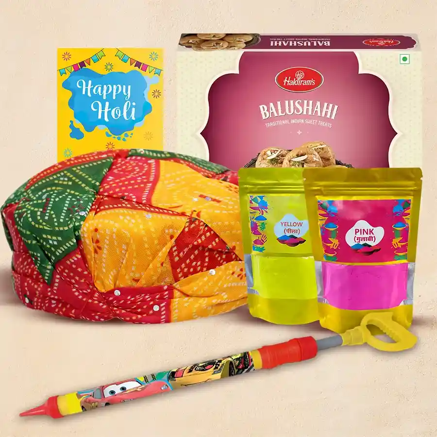 Colorful Holi Selection Gift Hamper featuring festive treats, a Pichkari, Haldiram Balushahi, a Rajasthan cap, and Gulal colors.