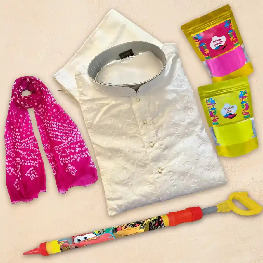 Vibrant Kurta Pajama Set with traditional Chunri Dupatta, pichkari, and gulal for Holi celebrations
