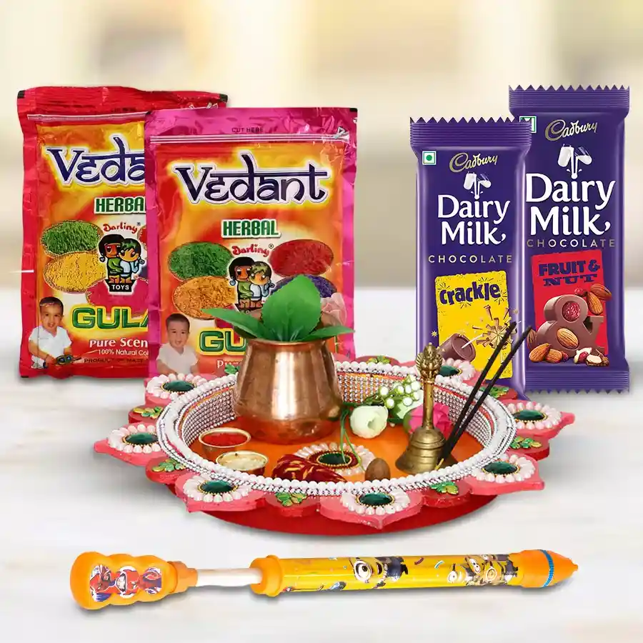 Colorful Holi Combo featuring a decorative Puja Thali, eco-friendly Herbal Gulal packets, a vibrant Pichkari, and Dairy Milk chocolates.