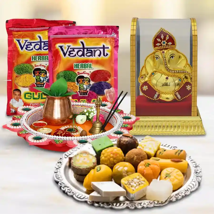 Puja Thali Gift set with assorted sweets, Ganesh Mandap, and herbal gulal, perfect for festive celebrations