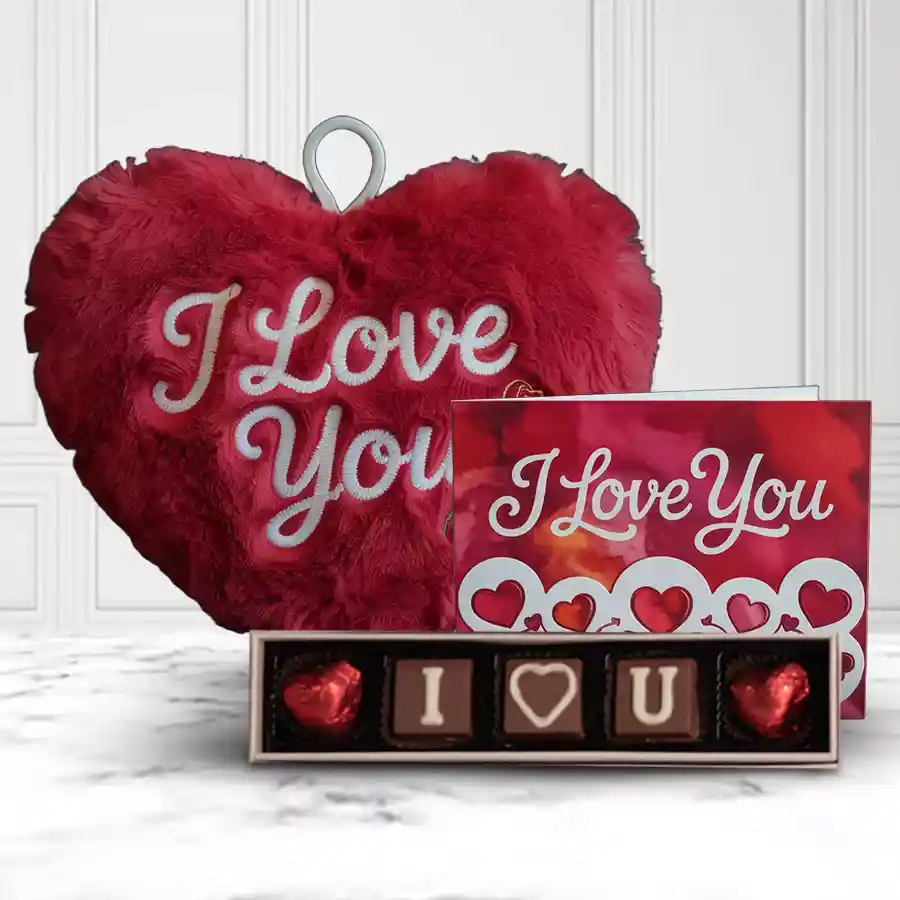 Marvelous I Love You Gift Hamper featuring a heart-shaped cushion, handmade chocolates, and a love card