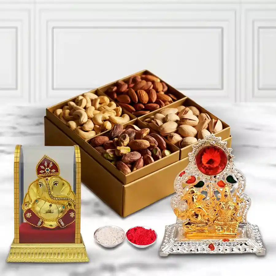 Divine Vighnesh Ganesh idol with antique Mandap and mixed dry fruits in a transparent case