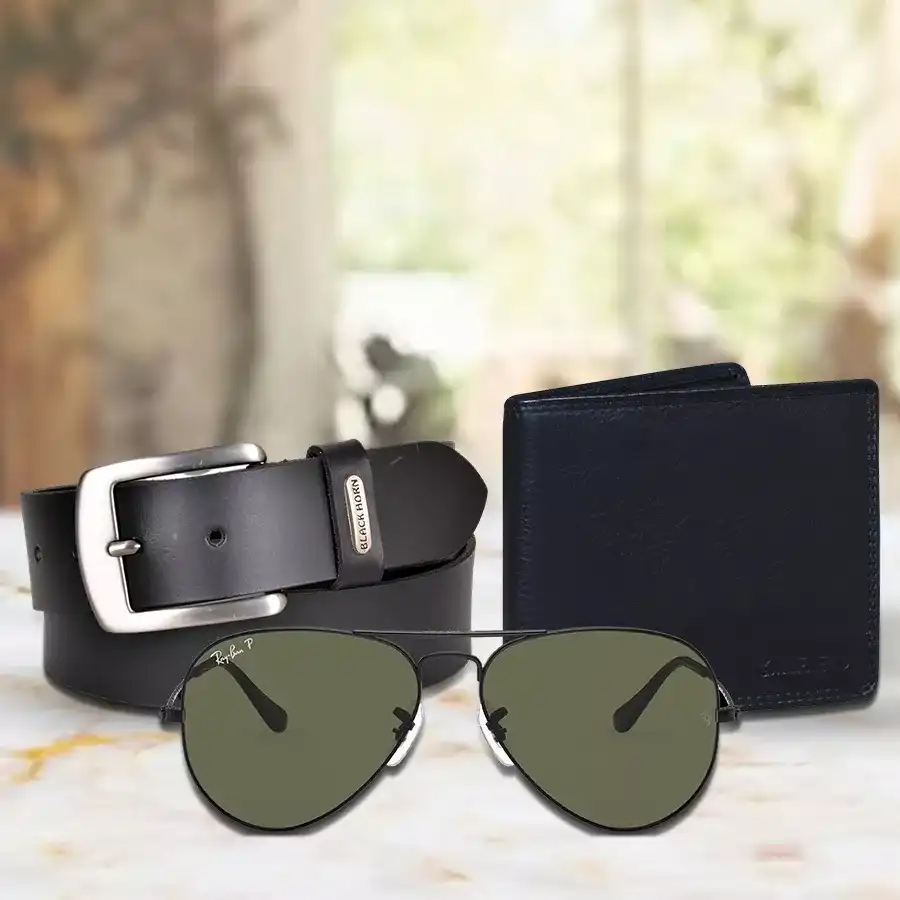 Gift hamper for men including a black leather wallet, black Buffalo belt, and aviator-style sunglasses arranged stylishly.