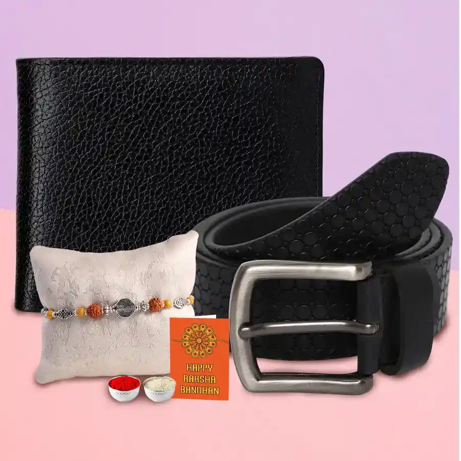 Gift hamper for men featuring a black leather wallet, black belt, and aviator sunglasses