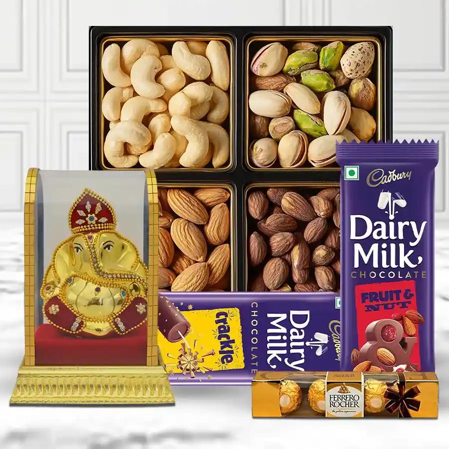 Combo of Chocolates and Dry Fruits with Vighnesh Ganesh Idol, featuring Cadbury Dairy Milk, Ferrero Rocher, almonds, salted pistachios, cashews, raisins, and a decorative idol.