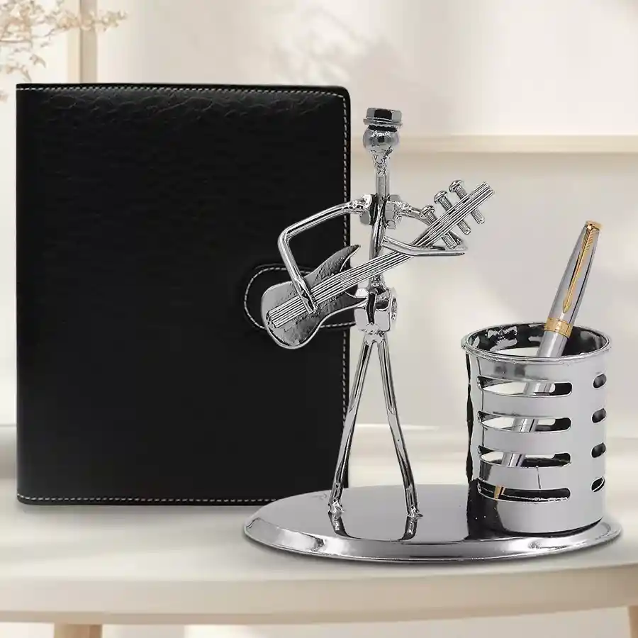 Exclusive Stationery Gift Set including an office planner diary, Parker Beta ballpoint pen, and designer pen stand arranged elegantly on a desk.