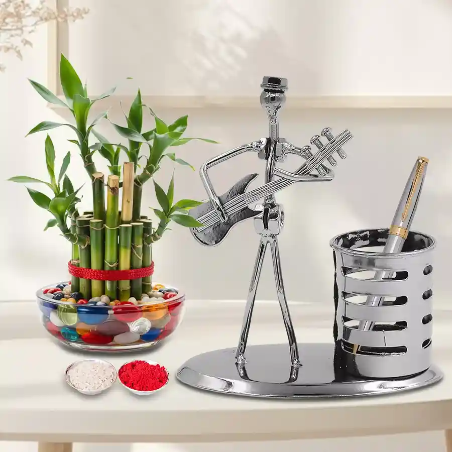 Wonderful Environment Friendly Combo Gift featuring Parker Beta Ball Point Pen, Designer Pen Stand, and 2-tier Lucky Bamboo Plant with Roli, Tika, and Chawal for Bhai Dooj celebration.