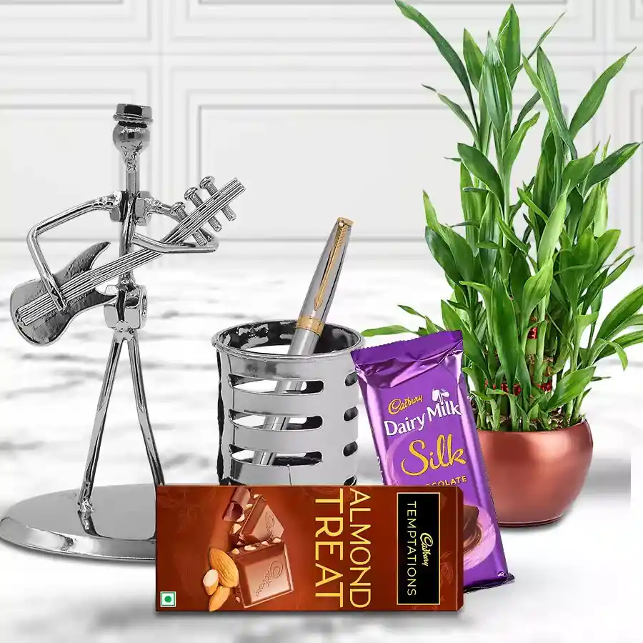 Finest Good Luck Combo Gift for Father featuring chocolates, a Parker pen, a designer pen stand, and a lucky bamboo plant