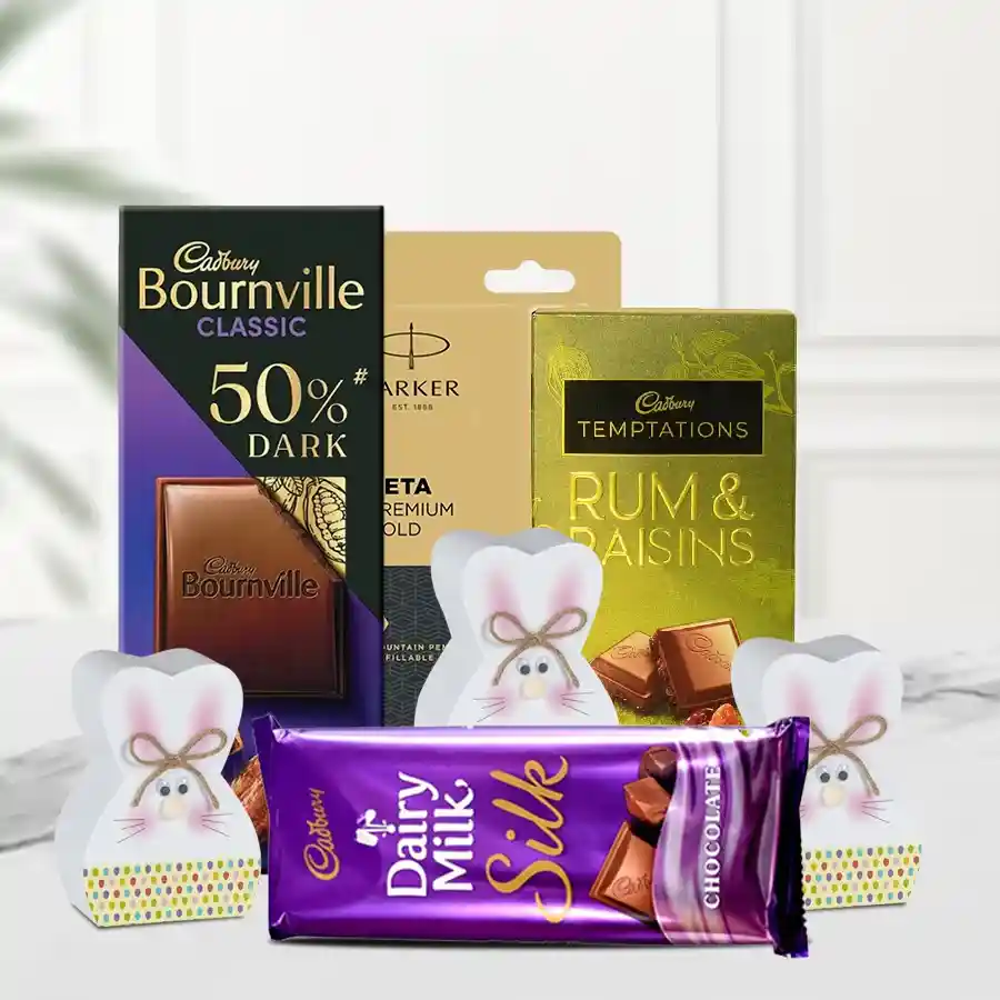 Exclusive chocolates with a stylish Parker Beta pen and Bunny paper holders arranged beautifully, showcasing a combination of luxury and indulgence.