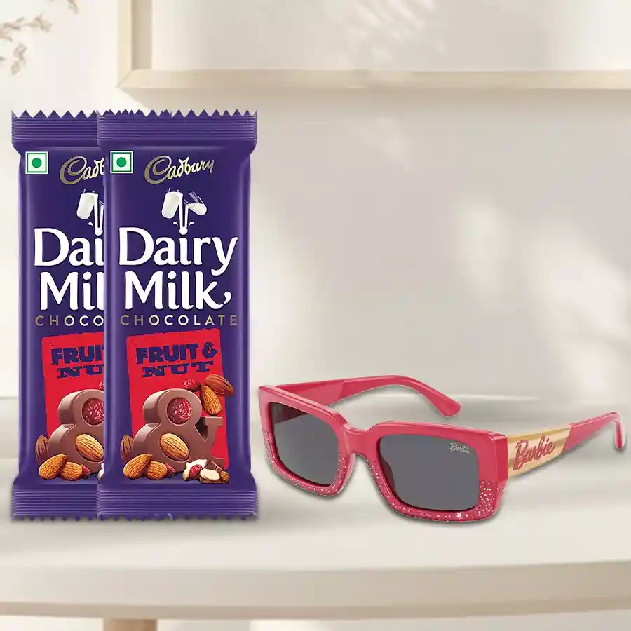 Gracing Eyes Barbie Sunglasses with two Cadbury Dairy Milk Fruit & Nut bars in a stylish arrangement.