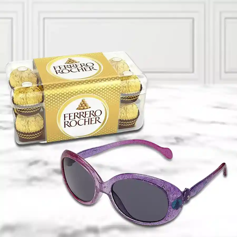 Admirable Barbie-themed sunglasses with colorful designs next to a box of 16 Ferrero Rocher chocolates, all set against a cheerful background.