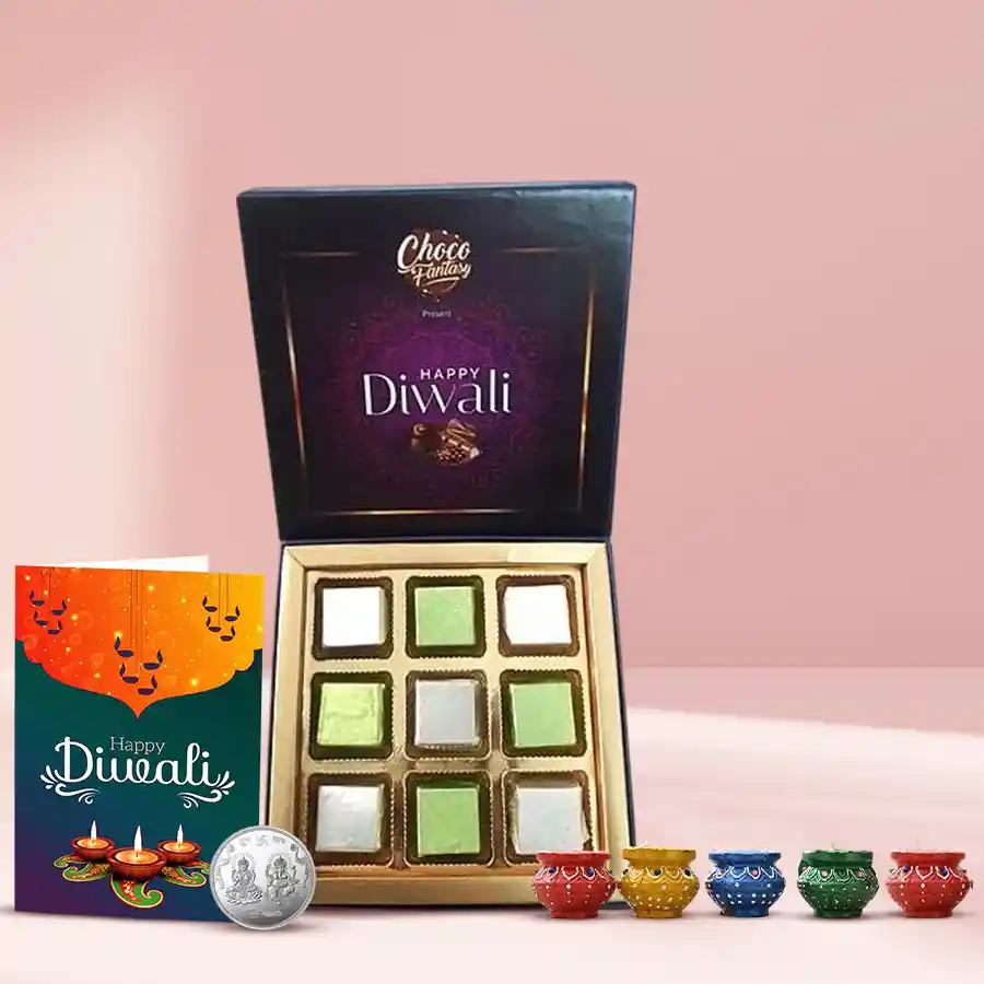 Tempting Treat Chocolate Hamper for Diwali with chocolates, Ganesh Lakshmi coin, greeting card, and decorated diyas