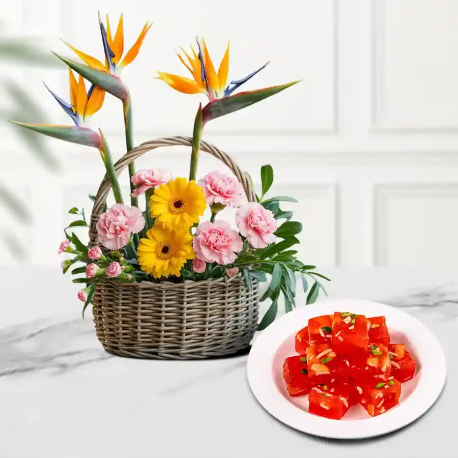 A beautiful mixed flower arrangement with gerberas, carnations, and birds of paradise, accompanied by 500 grams of Bombay Halwa.