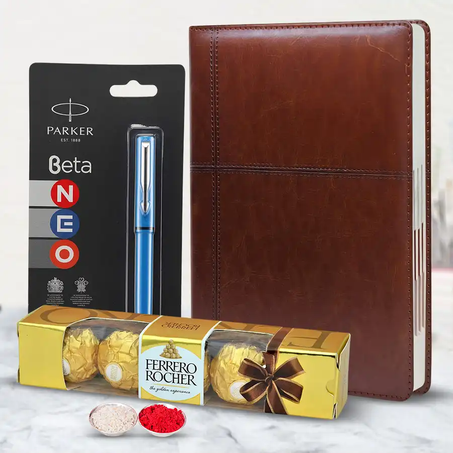 Ferrero Rocher chocolates, Parker Beta Pen, and Planner Diary gift package for Bhai Dooj celebration