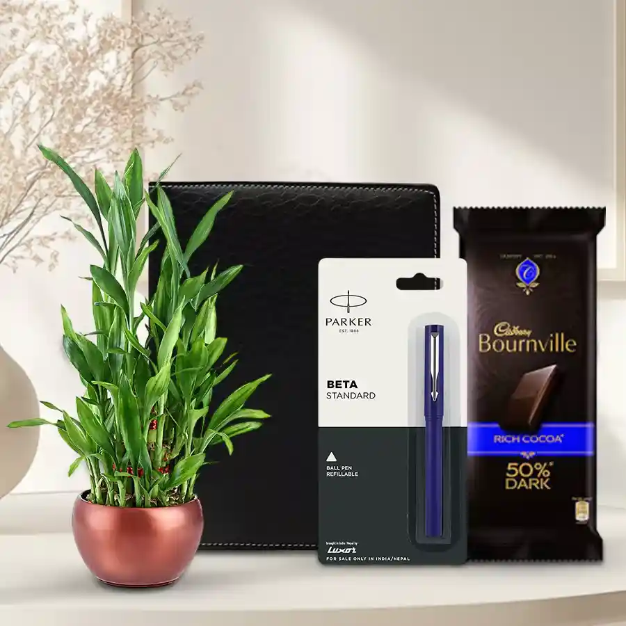 Splendid Corporate Gift Hamper featuring a planner diary, Parker Beta pen, Cadbury Bournville bar, and Lucky Bamboo Tree arranged elegantly